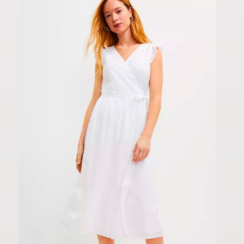 2/$20   LOFT Petite Clip Ruffle Sleeve Midi Wrap Dress